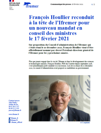 Communiqué de presse - François Houllier reconduit à la tête de l’Ifremer pour un nouveau mandat en conseil des ministres le 17 février 2021