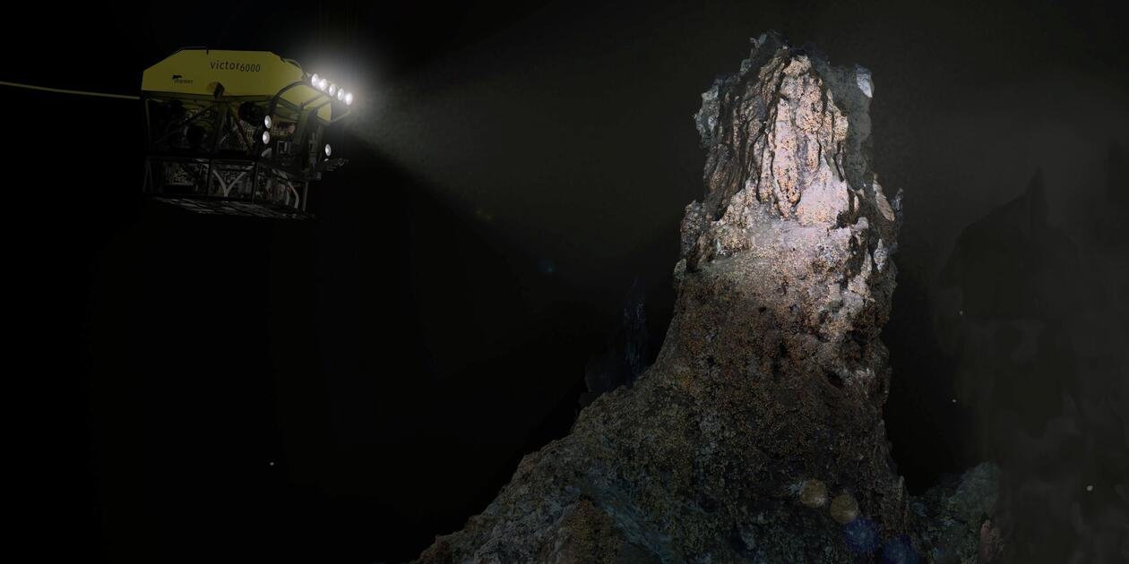 <p>Modélisation 3D du ROV Victor 6000 près d'une source hydrothermale.</p>