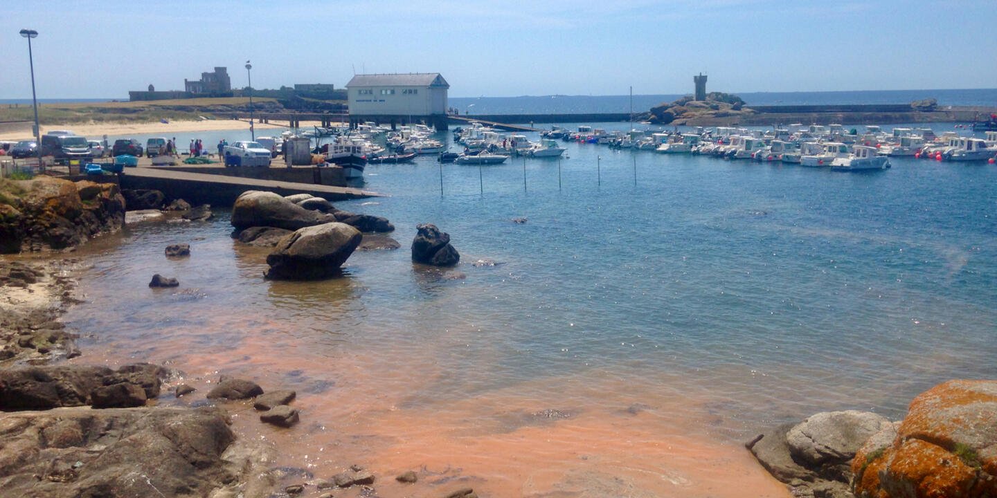 Eau colorée orange en bord de rivage du port de Trévignon