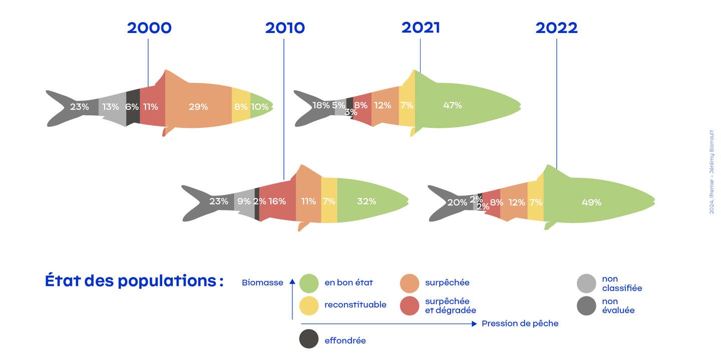 Evolution de l’état des populations de poissons exploitées en France hexagonale entre 2000 et 2022.