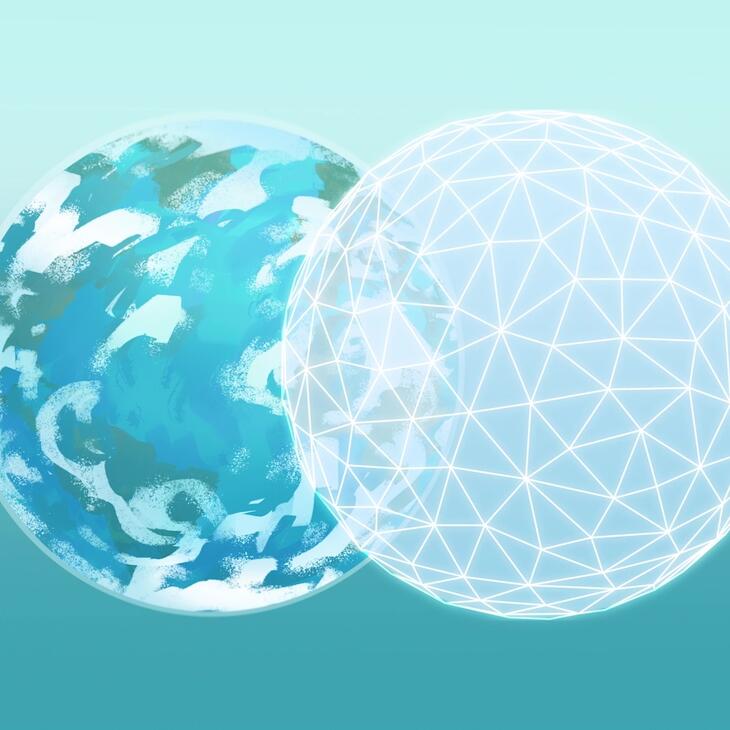 Illustration avec deux formes circulaires légèrement collées, celle de gauche fait penser à la Terre et celle de droite est composé de réseaux numériques.