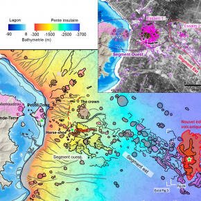 Localisation du nouvel édifice volcanique et des essaims de séismes au sein des structures volcano-tectoniques décrites dans la publication.